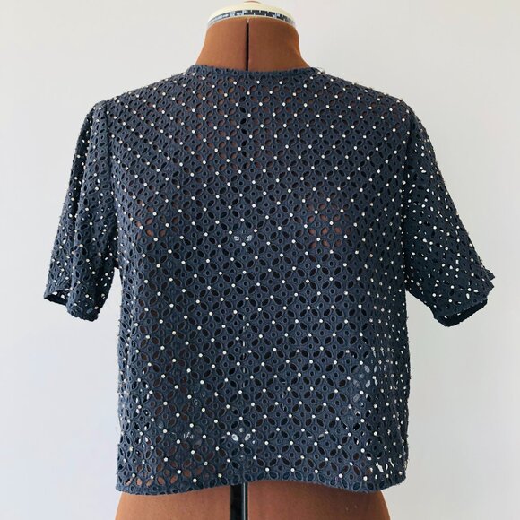 Rhinestone Studded Navy Cotton Eyelet Boxy Crop Top - Picture 1 of 8